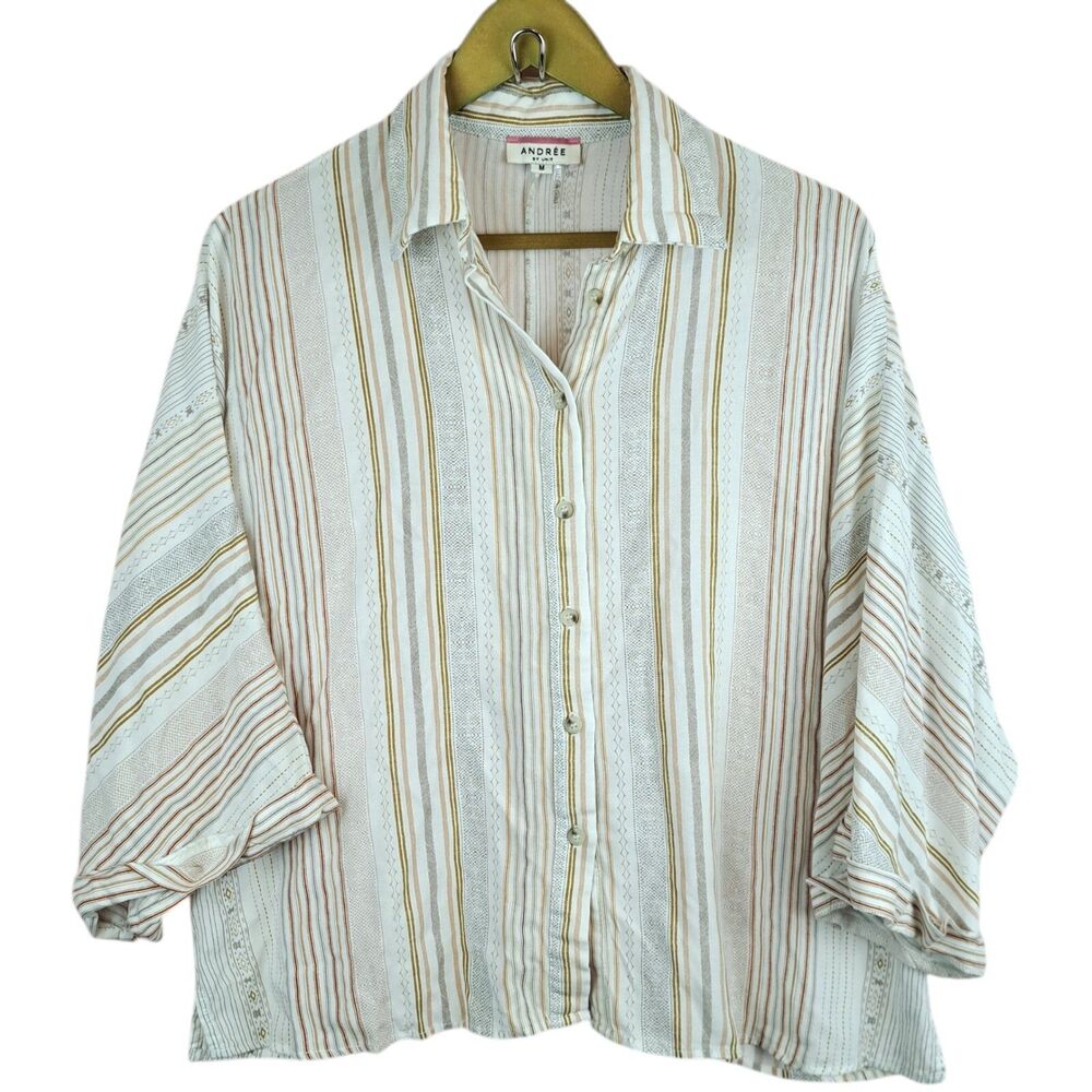 Andree By Unit 100% Rayon Top Dolman Sleeve Size M Striped Beige Button Up